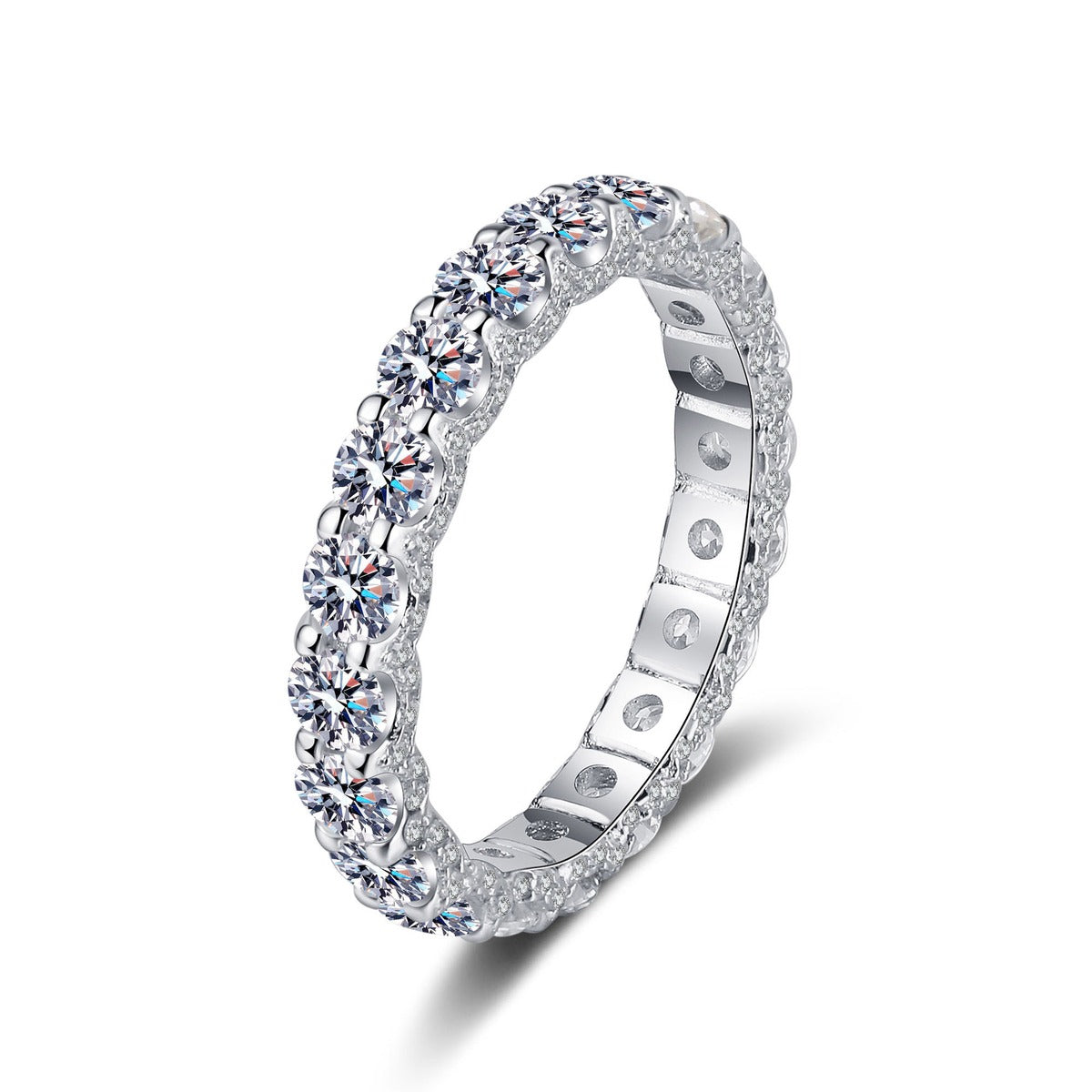 Round Moissanite Eternity Band Ring in rhodium-plated S925 sterling silver on clean white background