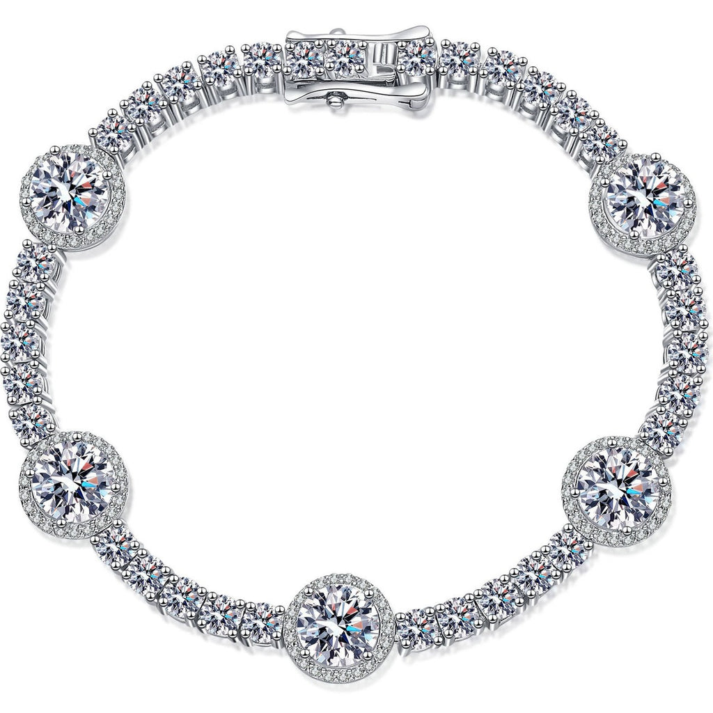 Halo Station Moissanite Bracelet in Rhodium-Plated S925 sterling silver white background product photo showing bracelet shape and moissanite setting