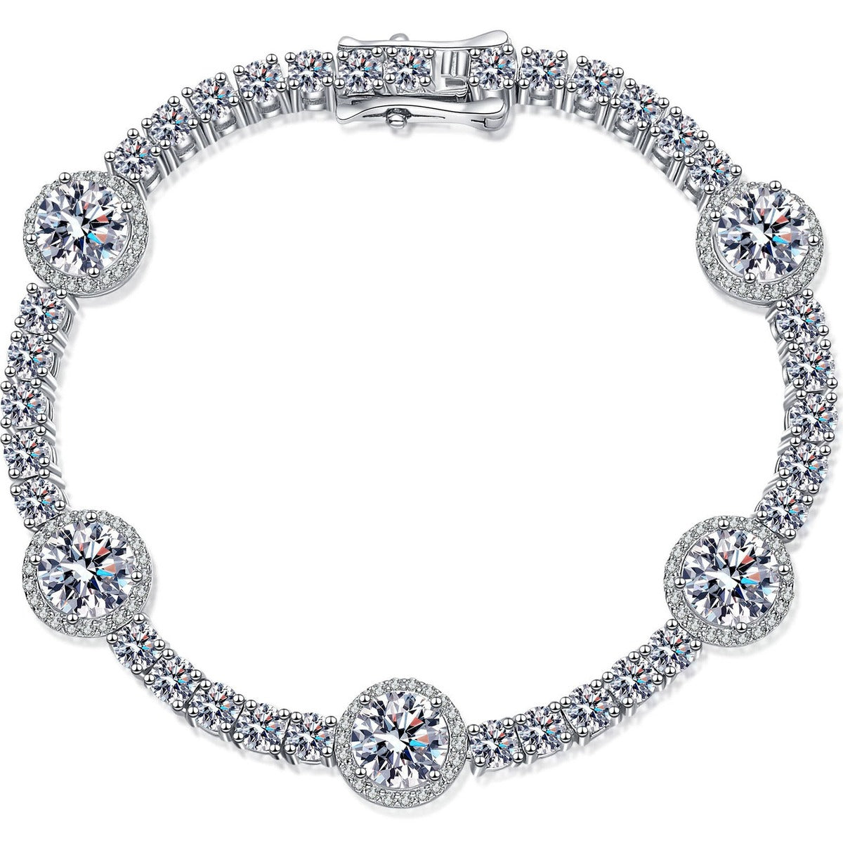 Halo Station Moissanite Bracelet in Rhodium-Plated S925 sterling silver white background product photo showing bracelet shape and moissanite setting