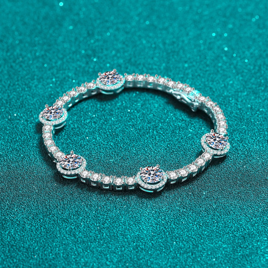 Halo Station Moissanite Bracelet in Rhodium-Plated S925 sterling silver styled product scene showing stone sparkle and chain detail