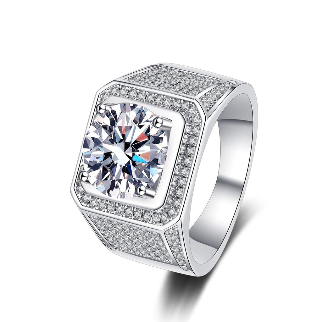 Round Moissanite Statement Ring with CZ in rhodium-plated S925 sterling silver on clean white background
