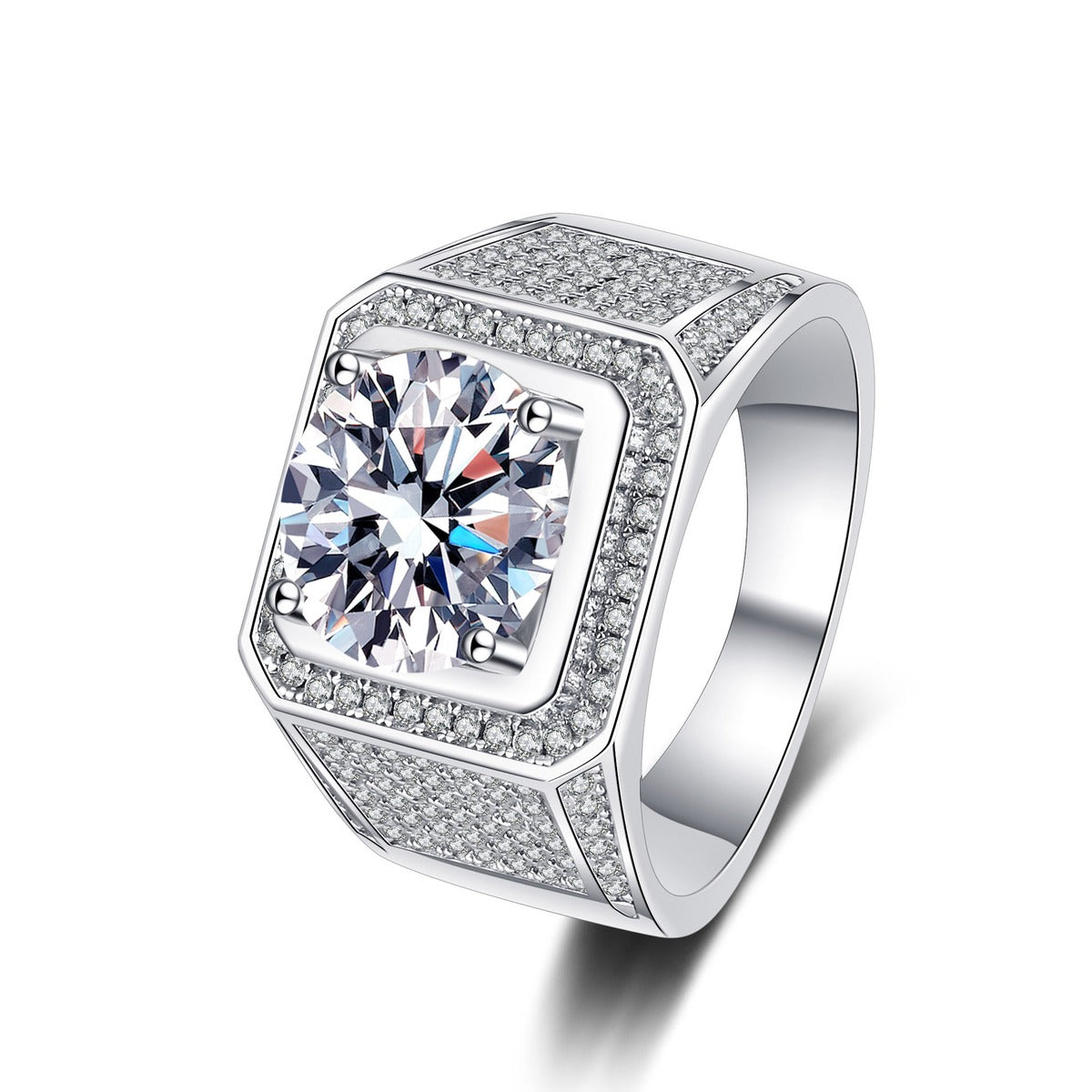 Round Moissanite Statement Ring with CZ in rhodium-plated S925 sterling silver on clean white background