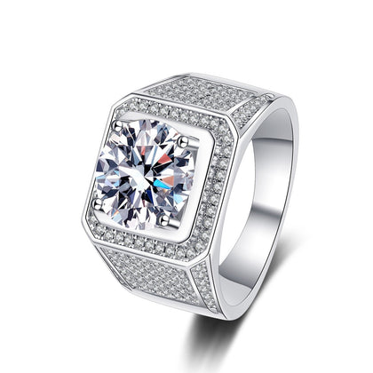 Round Moissanite Statement Ring with CZ in rhodium-plated S925 sterling silver on clean white background