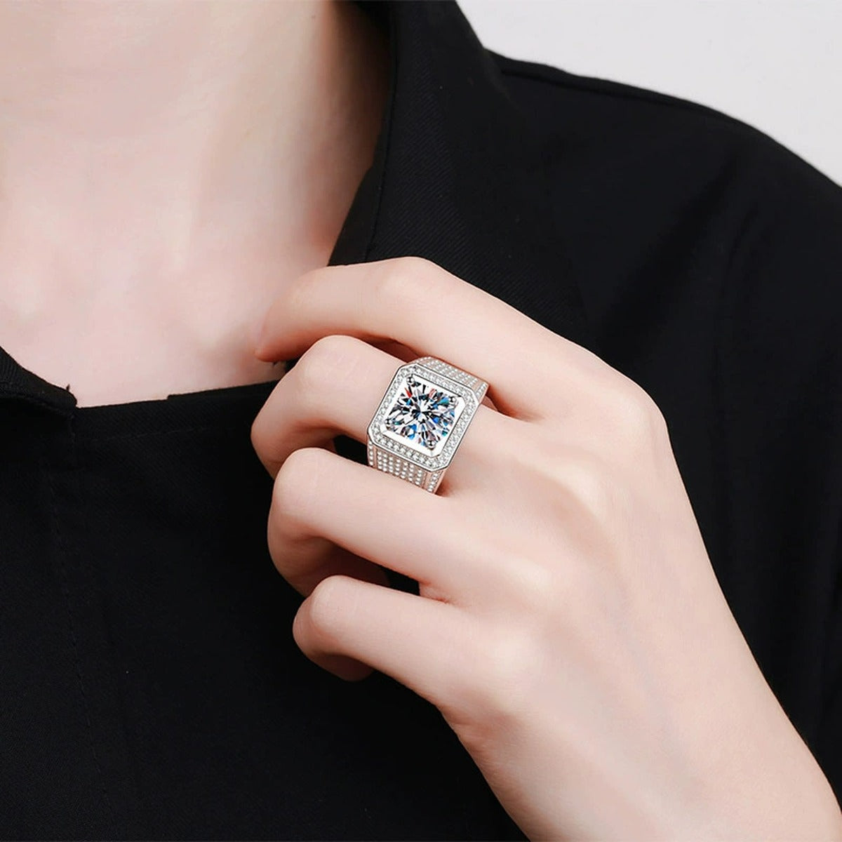Round Moissanite Statement Ring with CZ worn on hand to show scale and ring profile