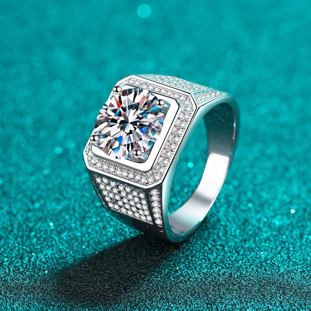 Round Moissanite Statement Ring with CZ product view showing moissanite setting and rhodium finish
