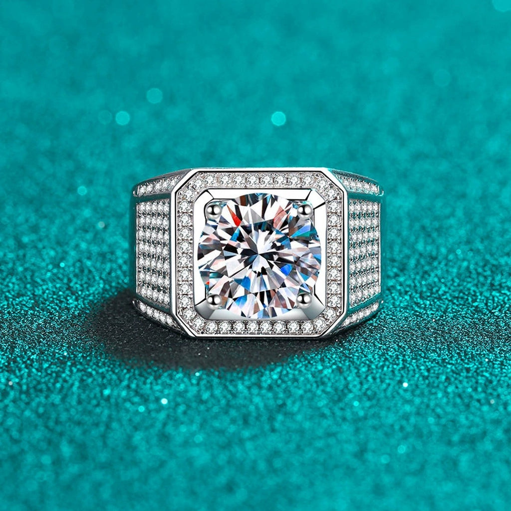Round Moissanite Statement Ring with CZ product view showing moissanite setting and rhodium finish