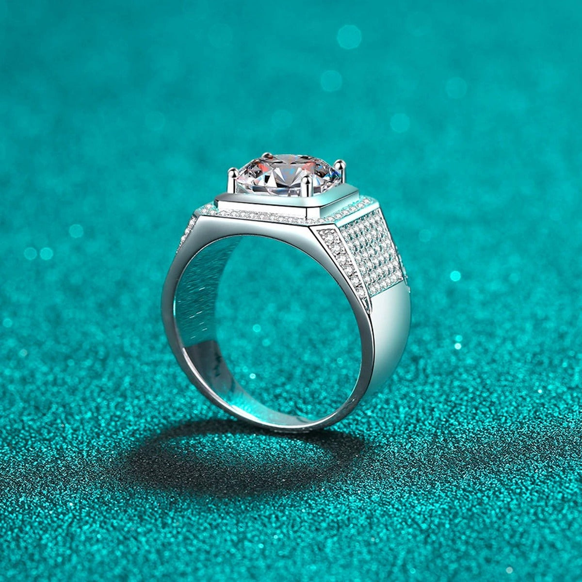 Round Moissanite Statement Ring with CZ product view showing moissanite setting and rhodium finish