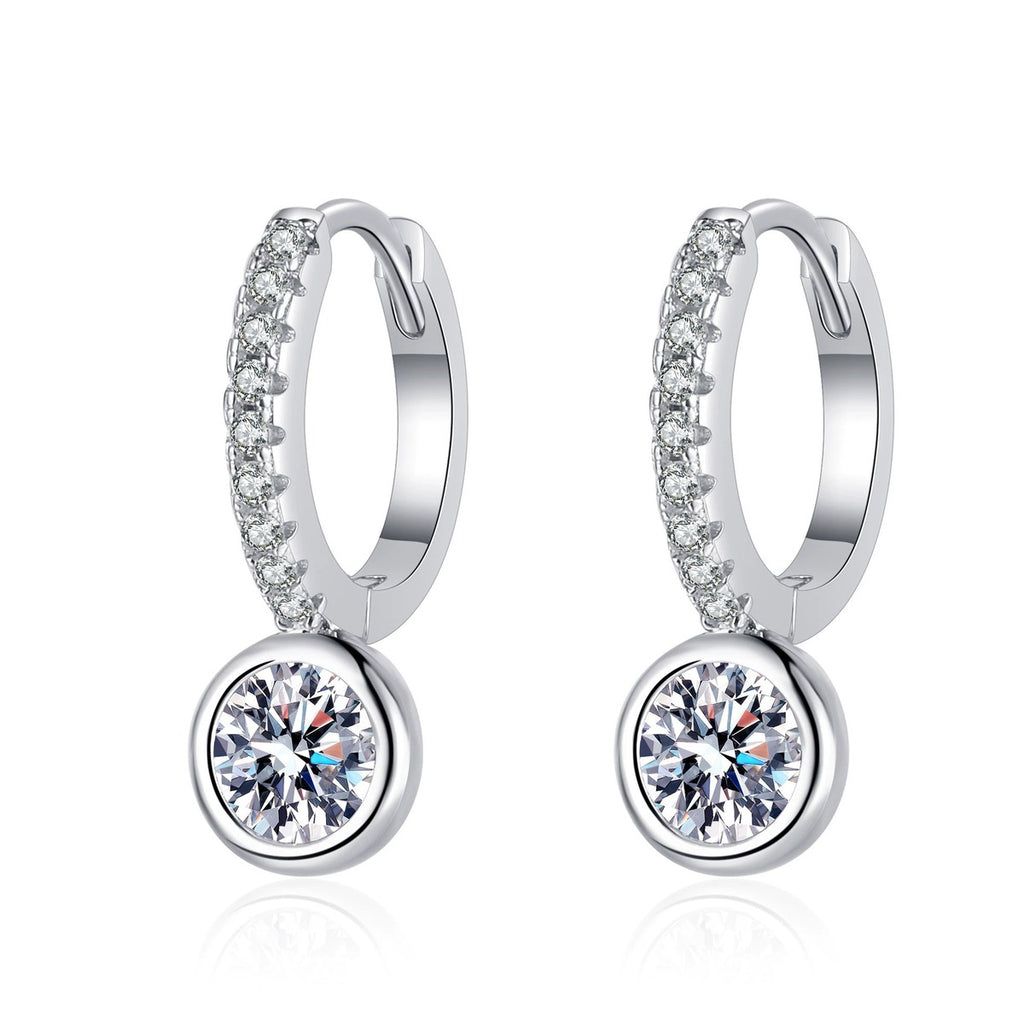 Round Moissanite Hoop Drop Earrings with CZ in Rhodium-Plated S925 sterling silver white background product photo showing the pair, stone shape, and hoop drop earrings silhouette