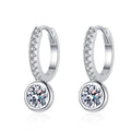 Round Moissanite Hoop Drop Earrings with CZ in Rhodium-Plated S925 sterling silver white background product photo showing the pair, stone shape, and hoop drop earrings silhouette
