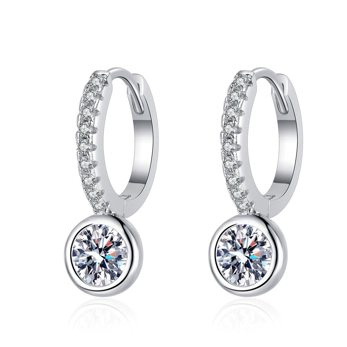 Round Moissanite Hoop Drop Earrings with CZ in Rhodium-Plated S925 sterling silver white background product photo showing the pair, stone shape, and hoop drop earrings silhouette