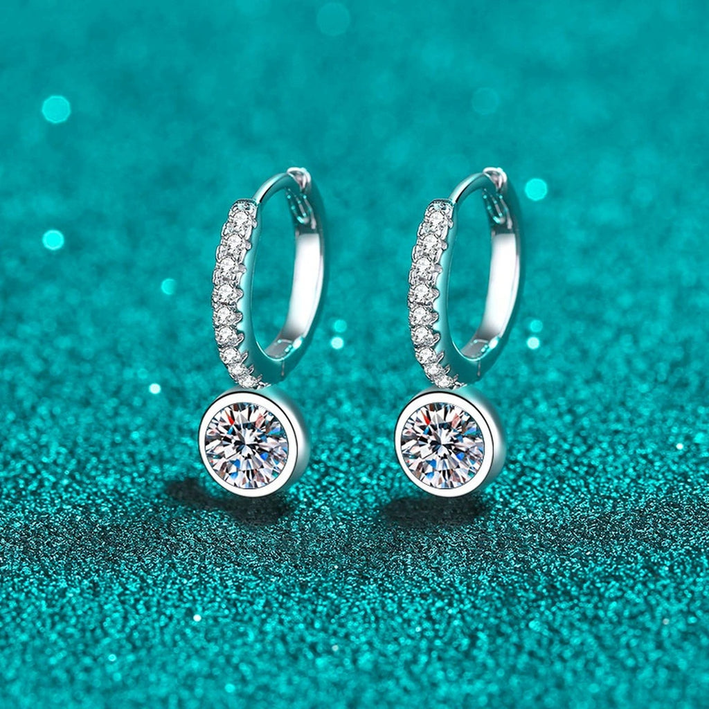 Round Moissanite Hoop Drop Earrings with CZ in Rhodium-Plated S925 sterling silver product scene view showing front sparkle, moissanite setting, and hoop drop earrings design