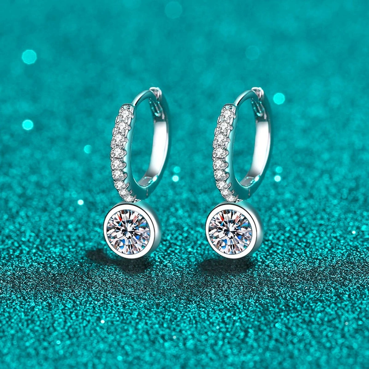 Round Moissanite Hoop Drop Earrings with CZ in Rhodium-Plated S925 sterling silver product scene view showing front sparkle, moissanite setting, and hoop drop earrings design