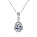 Teardrop Halo Round Moissanite Necklace with CZ in Rhodium-Plated S925 sterling silver white background product photo showing teardrop halo pendant with round moissanite center sizes and CZ border