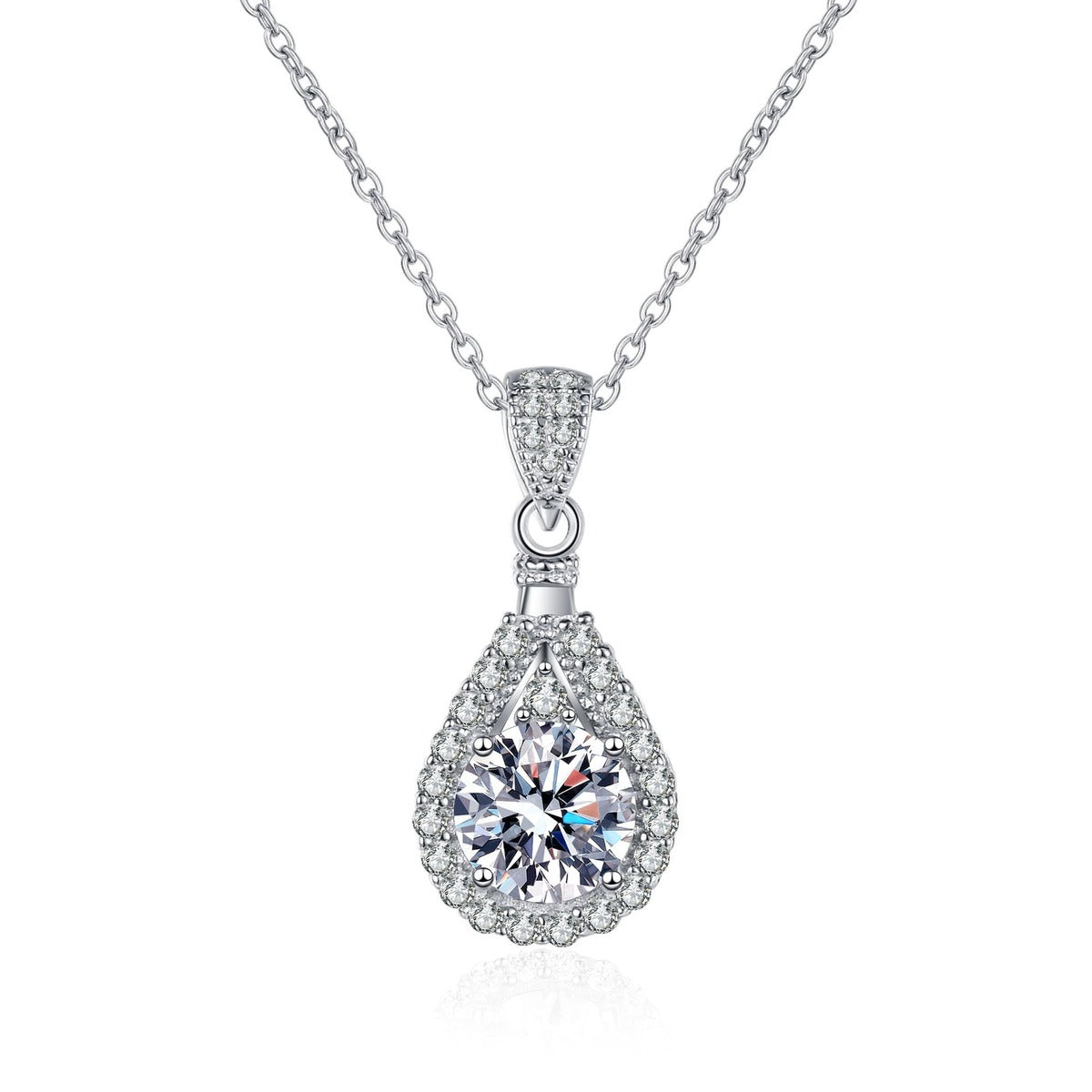 Teardrop Halo Round Moissanite Necklace with CZ in Rhodium-Plated S925 sterling silver white background product photo showing teardrop halo pendant with round moissanite center sizes and CZ border