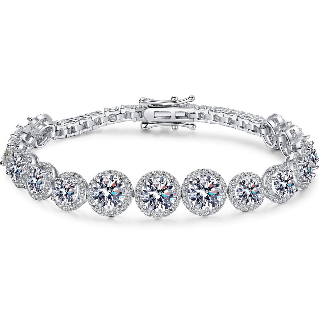 Round Moissanite Tennis Bracelet with CZ in Rhodium-Plated S925 sterling silver white background product photo showing bracelet shape and moissanite setting