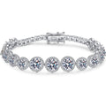 Round Moissanite Tennis Bracelet with CZ in Rhodium-Plated S925 sterling silver white background product photo showing bracelet shape and moissanite setting