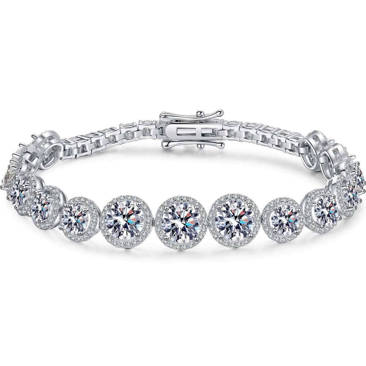 Round Moissanite Tennis Bracelet with CZ in Rhodium-Plated S925 sterling silver white background product photo showing bracelet shape and moissanite setting