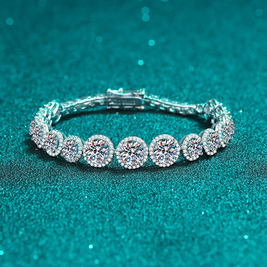 Round Moissanite Tennis Bracelet with CZ in Rhodium-Plated S925 sterling silver styled product scene showing stone sparkle and chain detail