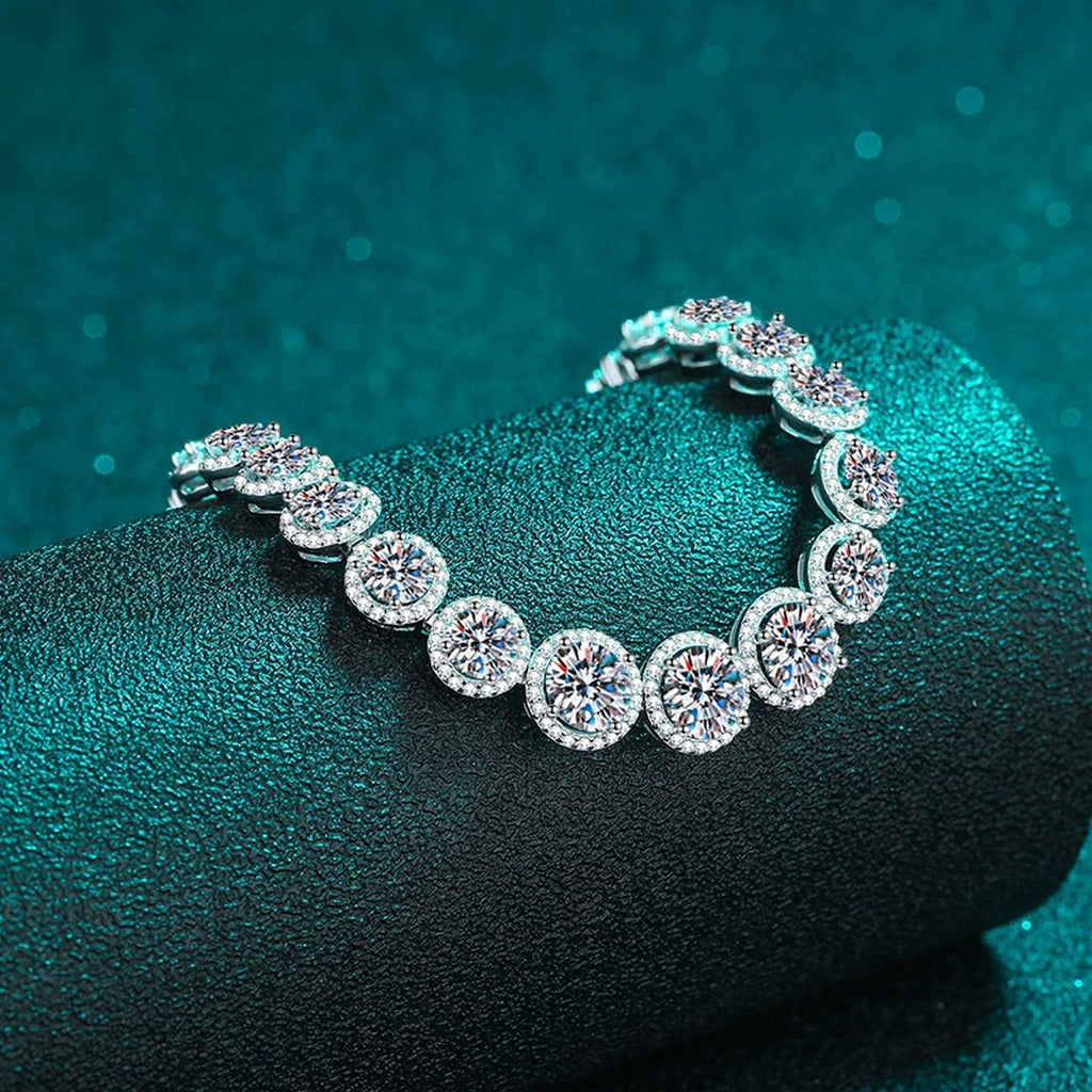 Round Moissanite Tennis Bracelet with CZ in Rhodium-Plated S925 sterling silver angled product display showing bracelet silhouette