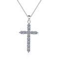 Cross Moissanite Pendant Necklace in Rhodium-Plated S925 sterling silver white background product photo showing cross pendant with graduated round moissanite stones