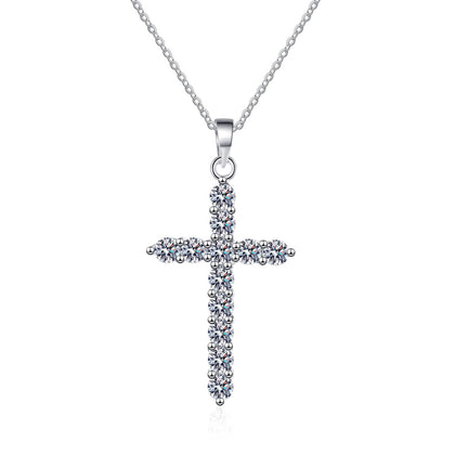 Cross Moissanite Pendant Necklace in Rhodium-Plated S925 sterling silver white background product photo showing cross pendant with graduated round moissanite stones