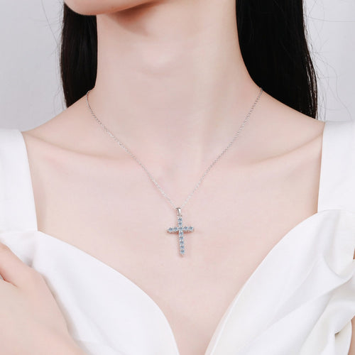 Cross Moissanite Pendant Necklace in Rhodium-Plated S925 sterling silver neckline model view showing pendant scale and adjustable chain