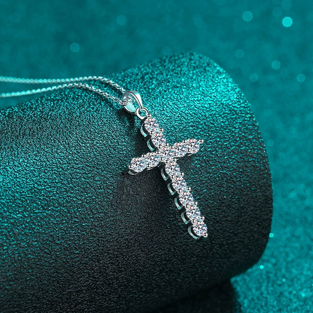 Cross Moissanite Pendant Necklace in Rhodium-Plated S925 sterling silver close-up product scene showing pendant setting