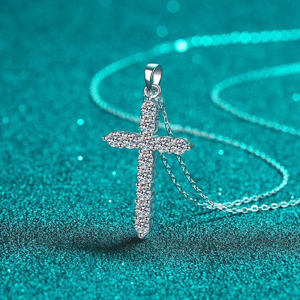 Cross Moissanite Pendant Necklace in Rhodium-Plated S925 sterling silver blue display scene showing chain and stone layout