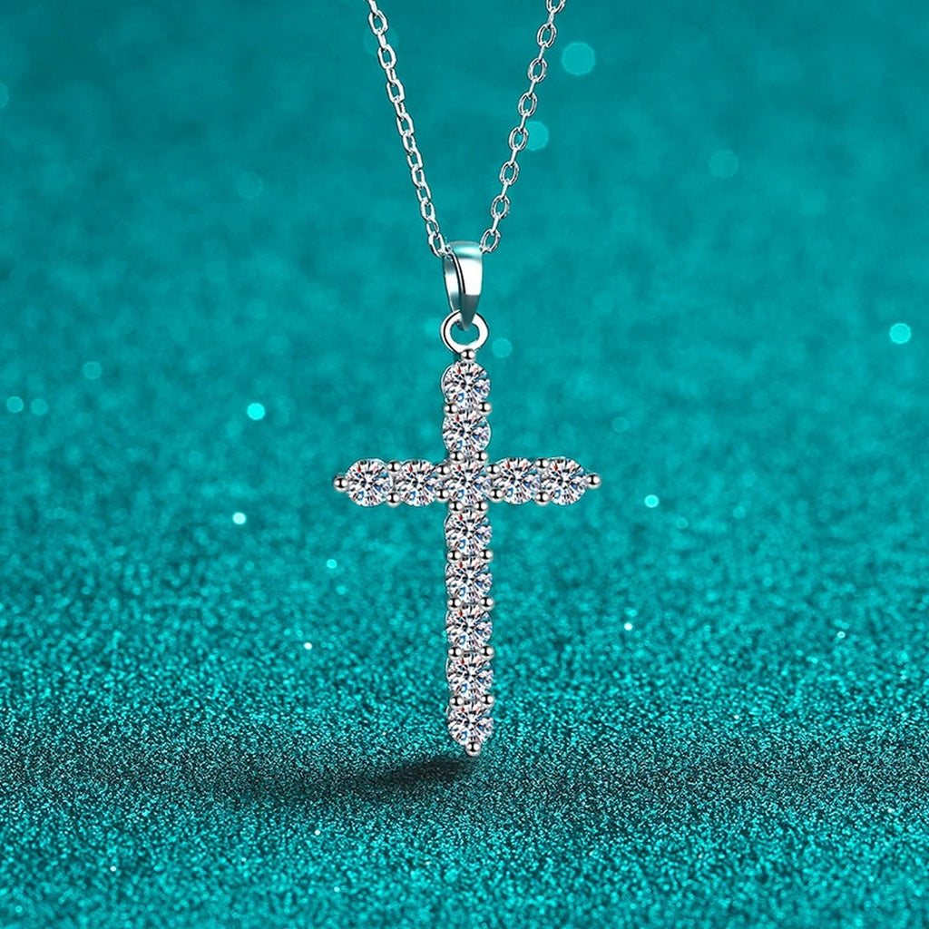 Cross Moissanite Pendant Necklace in Rhodium-Plated S925 sterling silver angled product detail view