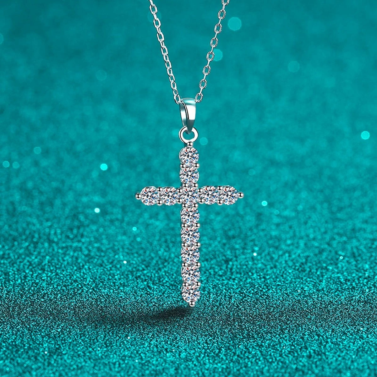 Cross Moissanite Pendant Necklace in Rhodium-Plated S925 sterling silver angled product detail view