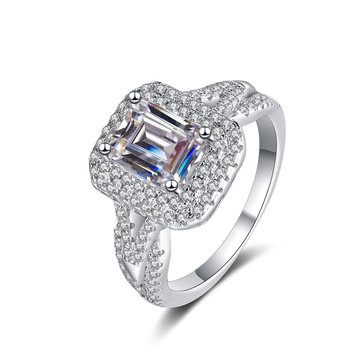 Emerald and Radiant Cut Moissanite Engagement Ring with CZ white radiant cut moissanite ring on clean white background