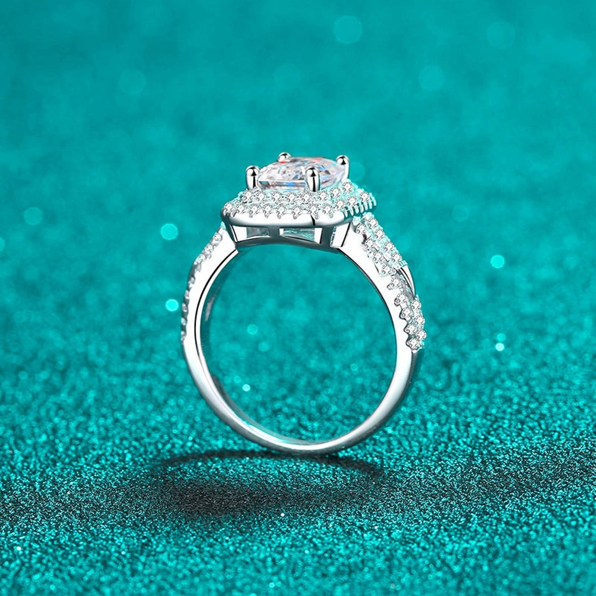 Emerald and Radiant Cut Moissanite Engagement Ring with CZ blue display product photo showing emerald and radiant cut moissanite ring options