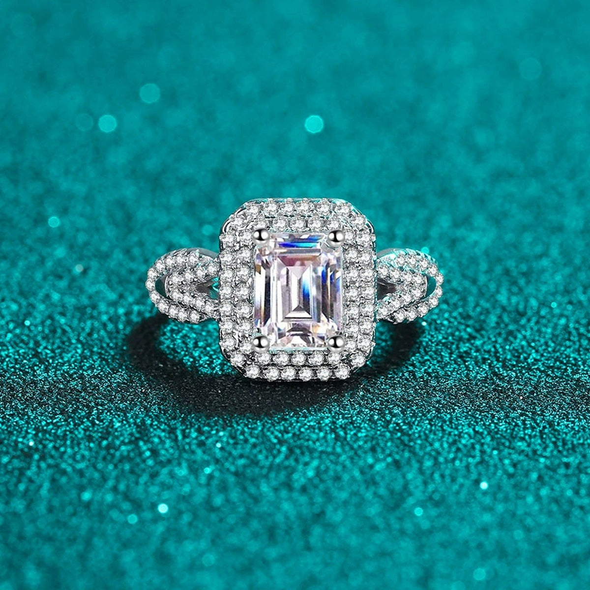 Emerald and Radiant Cut Moissanite Engagement Ring with CZ blue display product photo showing emerald and radiant cut moissanite ring options