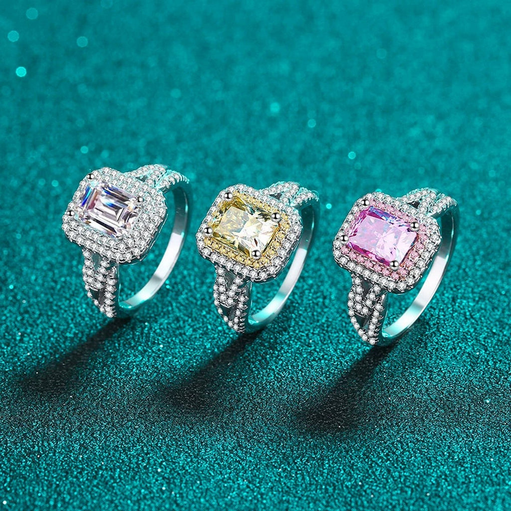 Emerald and Radiant Cut Moissanite Engagement Ring with CZ blue display product photo showing emerald and radiant cut moissanite ring options