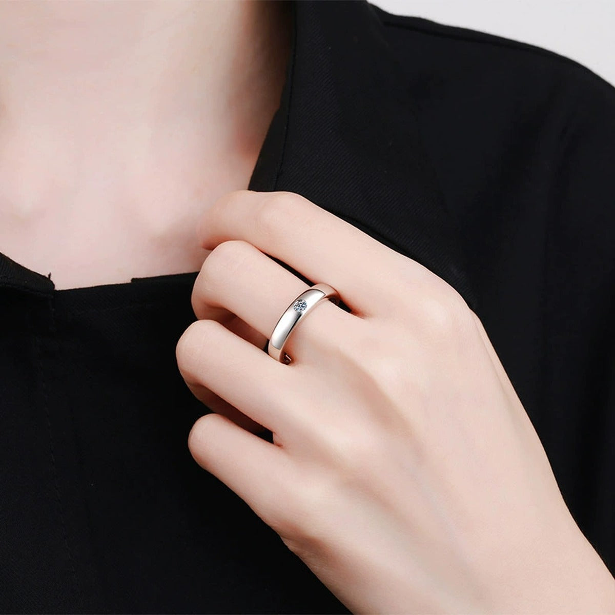 Round Moissanite Adjustable Band Ring worn on hand to show scale and ring profile