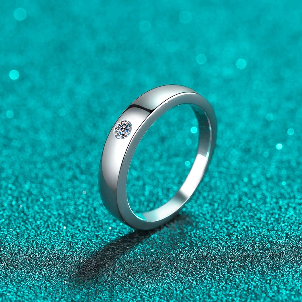 Round Moissanite Adjustable Band Ring product view showing moissanite setting and rhodium finish