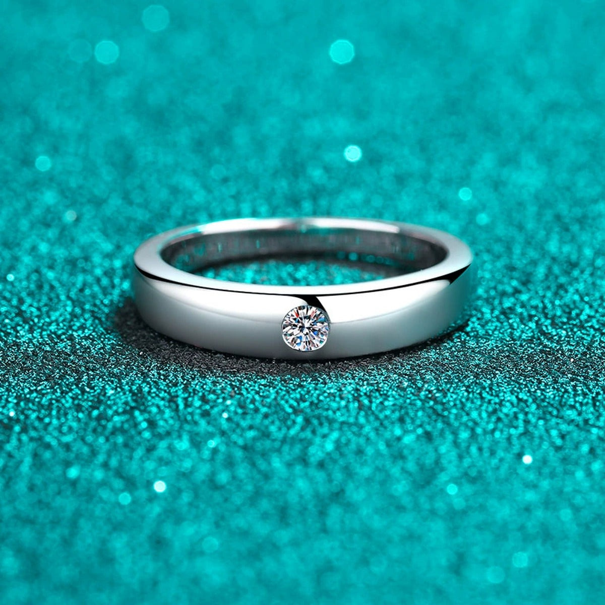 Round Moissanite Adjustable Band Ring product view showing moissanite setting and rhodium finish