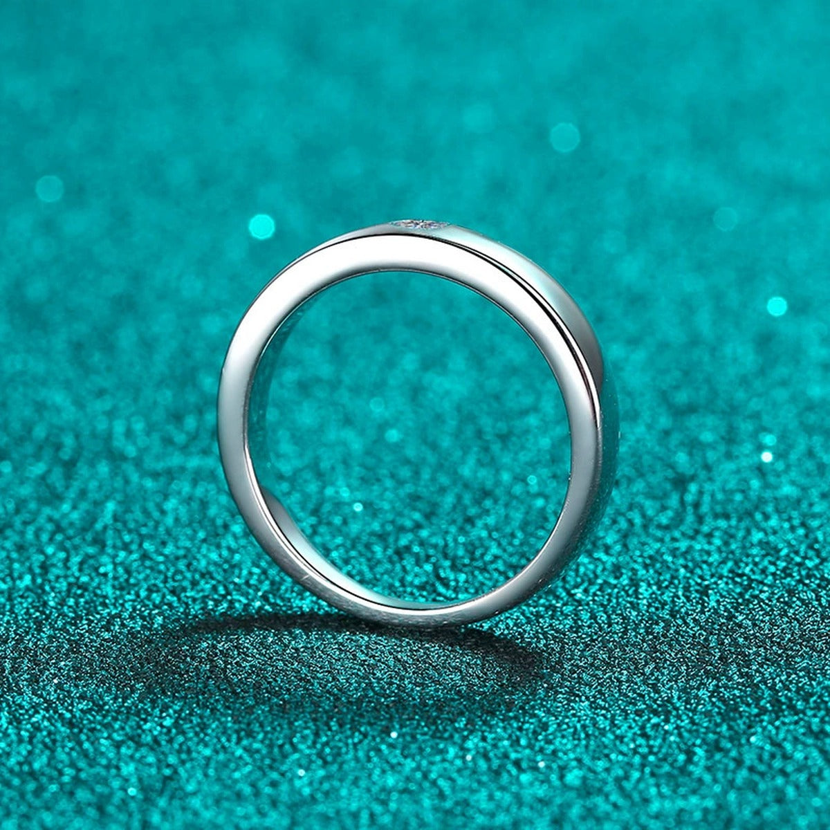 Round Moissanite Adjustable Band Ring product view showing moissanite setting and rhodium finish