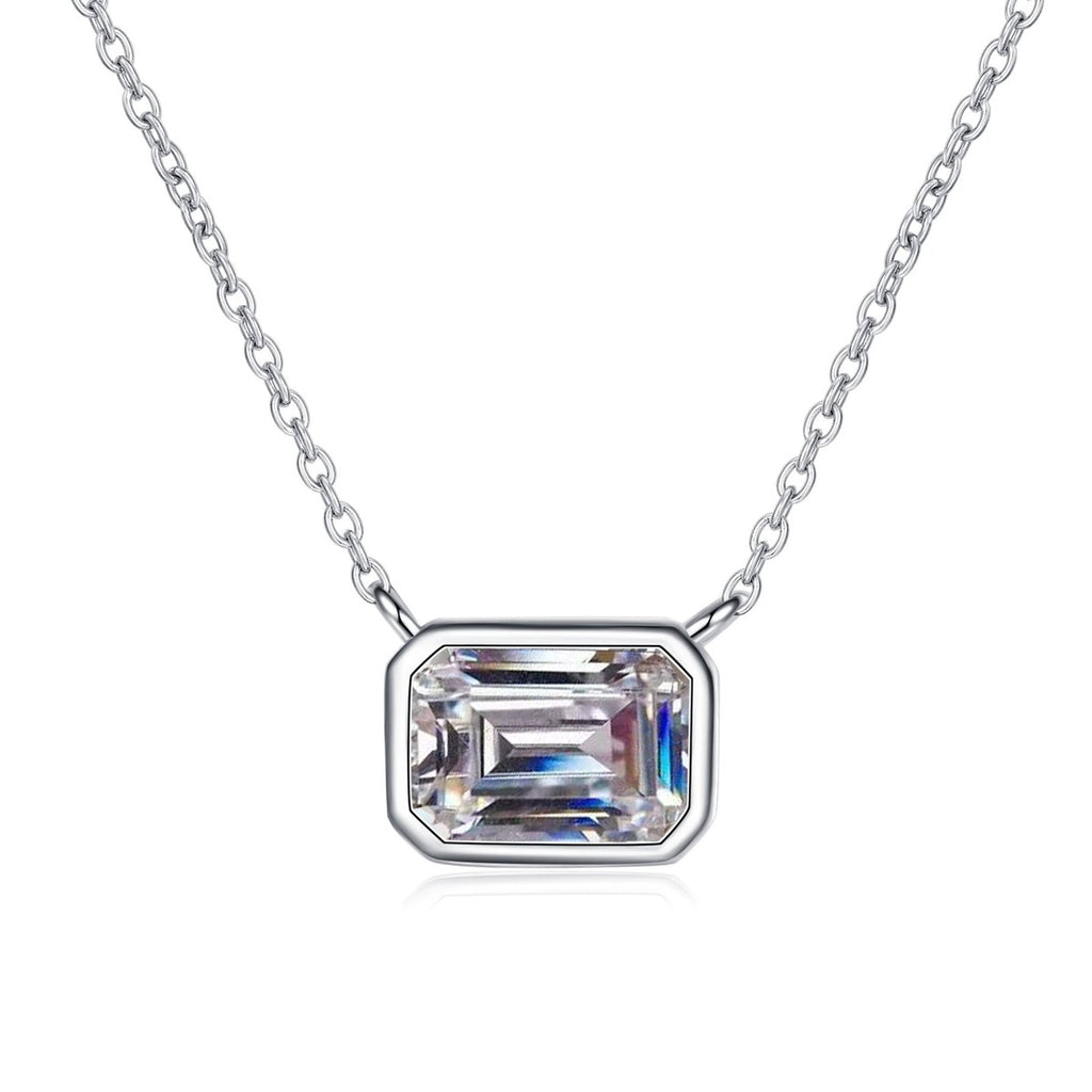 Emerald Cut Solitaire Moissanite Necklace in Rhodium-Plated S925 sterling silver white background product photo showing emerald cut solitaire pendant with a clean rectangular frame
