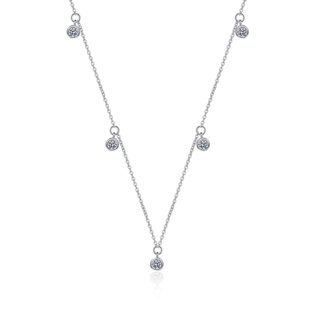Bead Charm Moissanite Pendant Necklace in Rhodium-Plated S925 sterling silver white background product photo showing minimal bead charm pendant with a small round moissanite accent