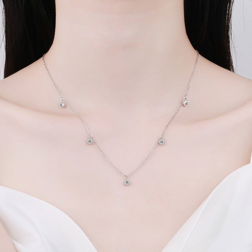 Bead Charm Moissanite Pendant Necklace in Rhodium-Plated S925 sterling silver neckline model view showing pendant scale and adjustable chain