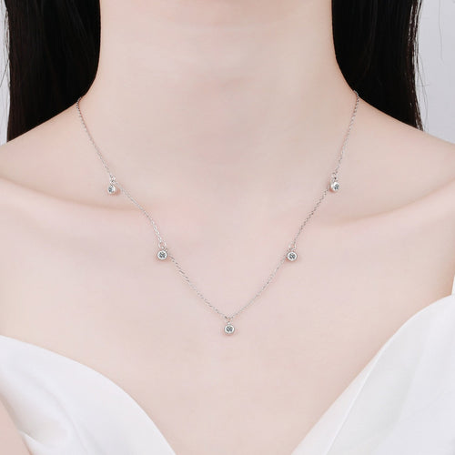 Bead Charm Moissanite Pendant Necklace in Rhodium-Plated S925 sterling silver neckline model view showing pendant scale and adjustable chain