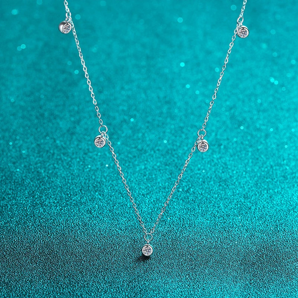Bead Charm Moissanite Pendant Necklace in Rhodium-Plated S925 sterling silver blue display scene showing chain and stone layout