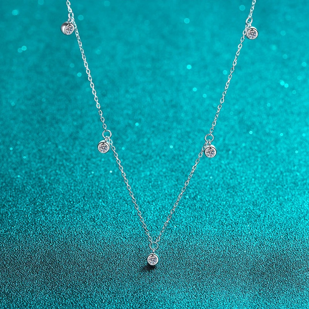 Bead Charm Moissanite Pendant Necklace in Rhodium-Plated S925 sterling silver blue display scene showing chain and stone layout