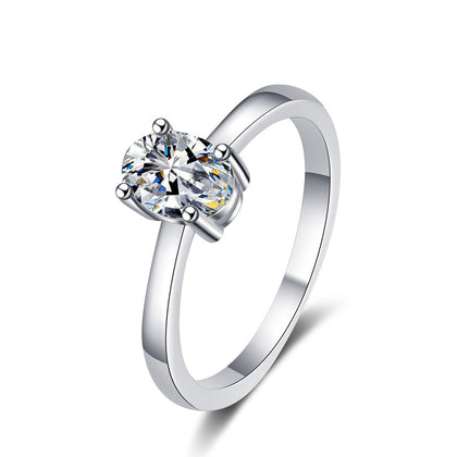 Oval Cut Moissanite Ring in rhodium-plated S925 sterling silver on clean white background