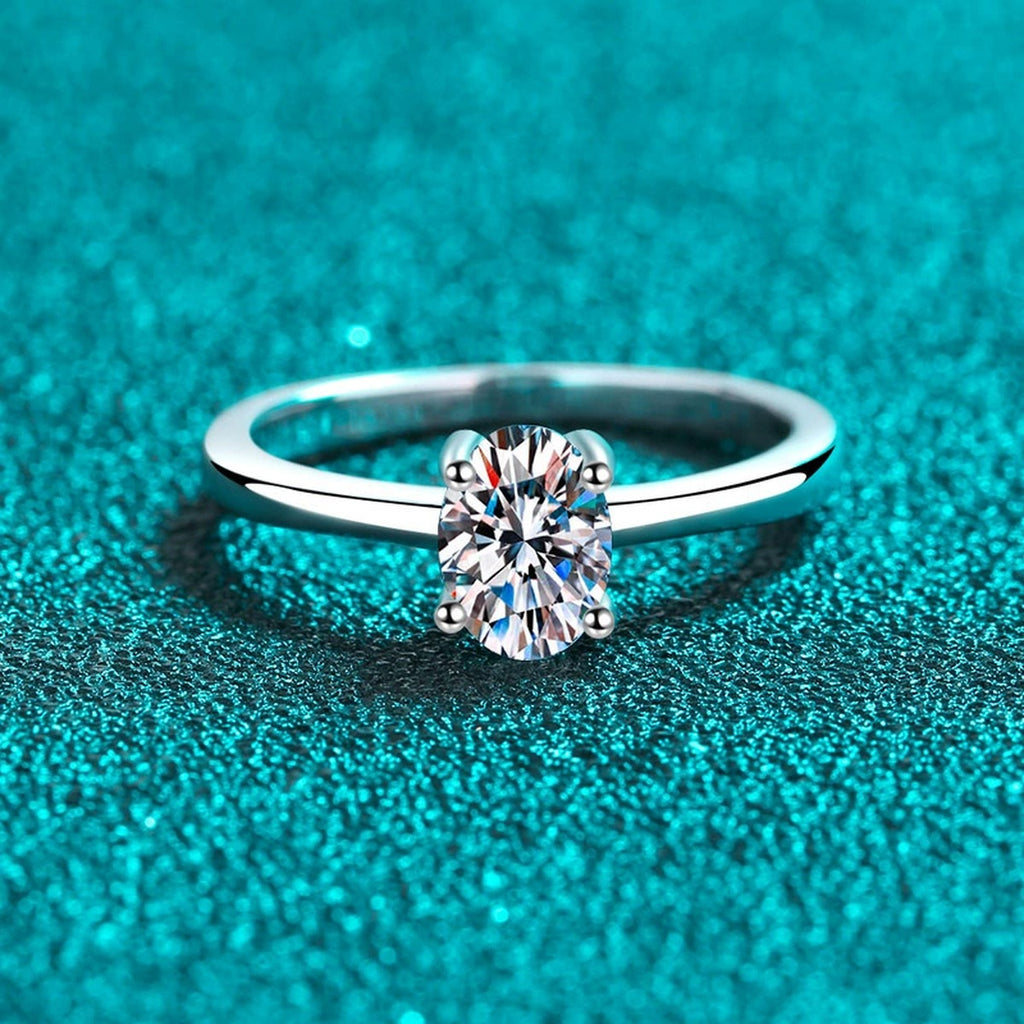 Oval Cut Moissanite Ring product view showing moissanite setting and rhodium finish