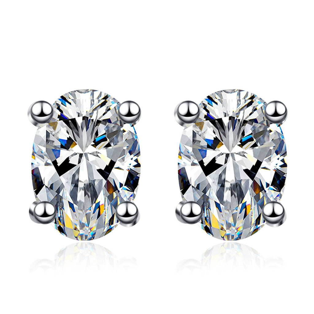 Oval Moissanite Stud Earrings in Rhodium-Plated S925 sterling silver white background product photo showing the pair, stone shape, and stud earrings silhouette