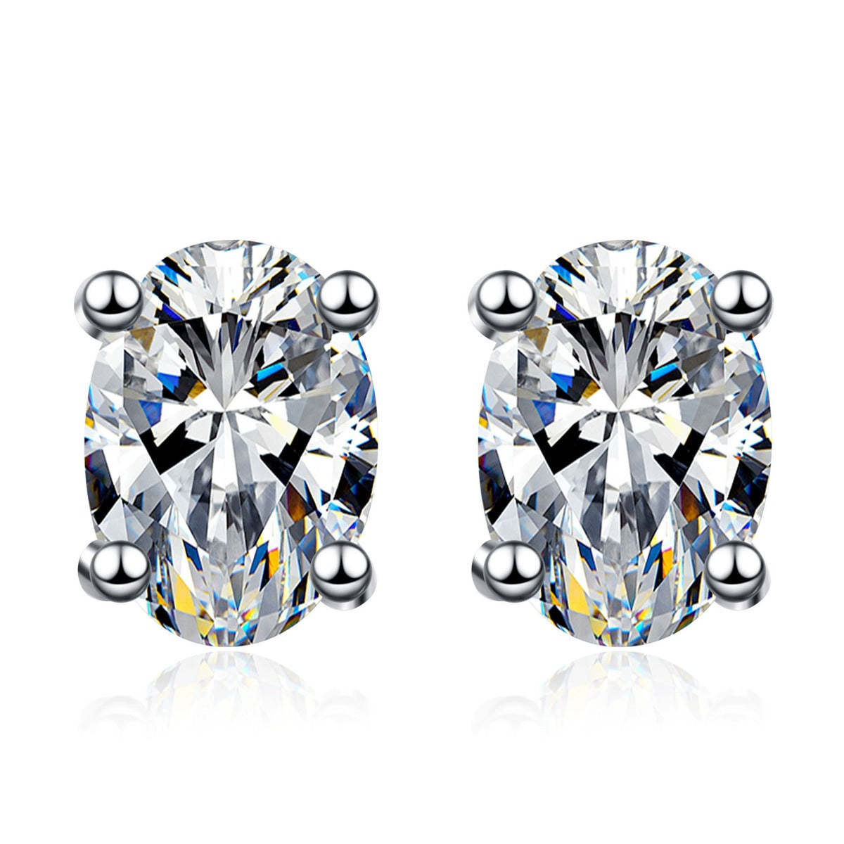 Oval Moissanite Stud Earrings in Rhodium-Plated S925 sterling silver white background product photo showing the pair, stone shape, and stud earrings silhouette