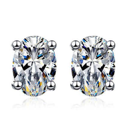 Oval Moissanite Stud Earrings in Rhodium-Plated S925 sterling silver white background product photo showing the pair, stone shape, and stud earrings silhouette
