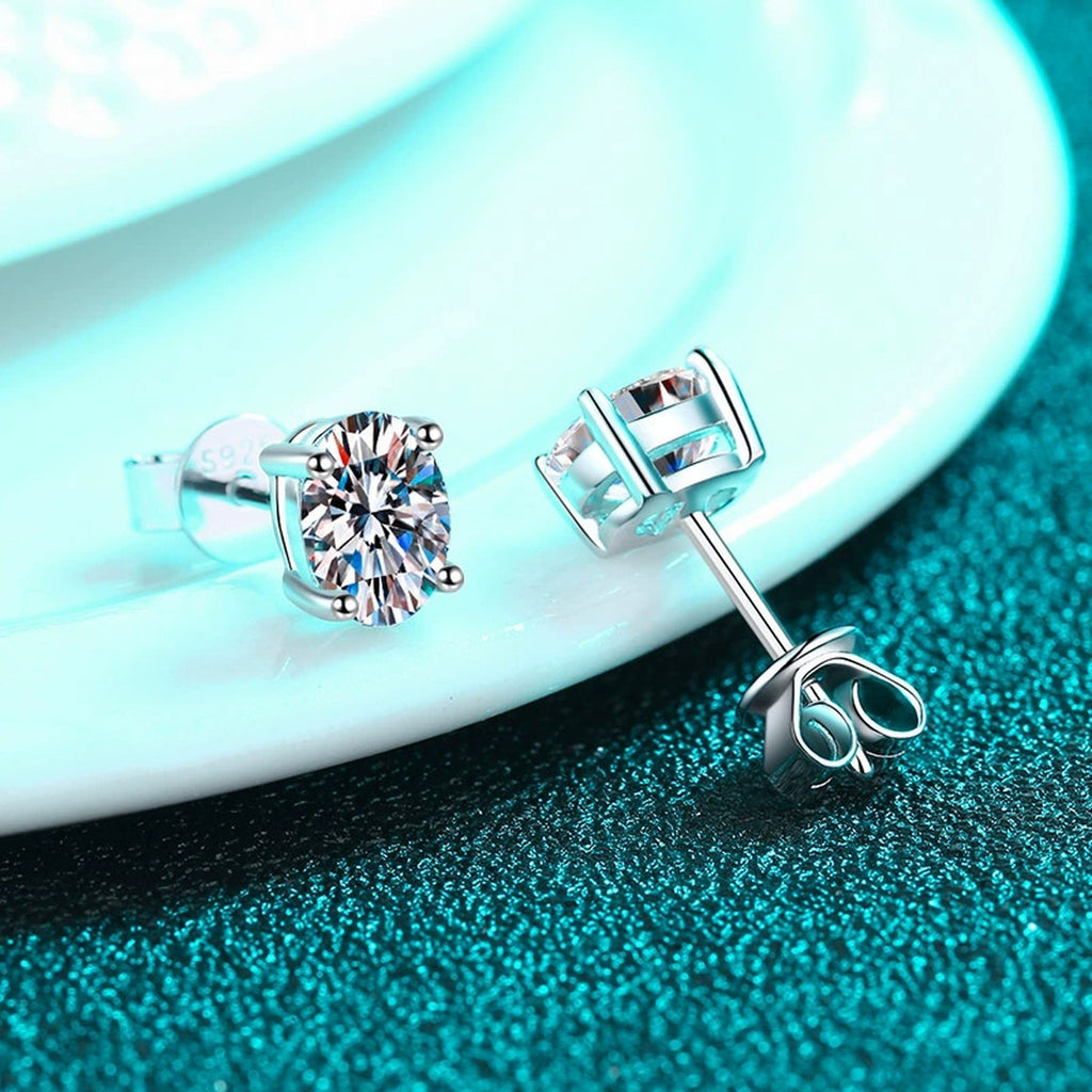 Oval Moissanite Stud Earrings in Rhodium-Plated S925 sterling silver product scene view showing side profile